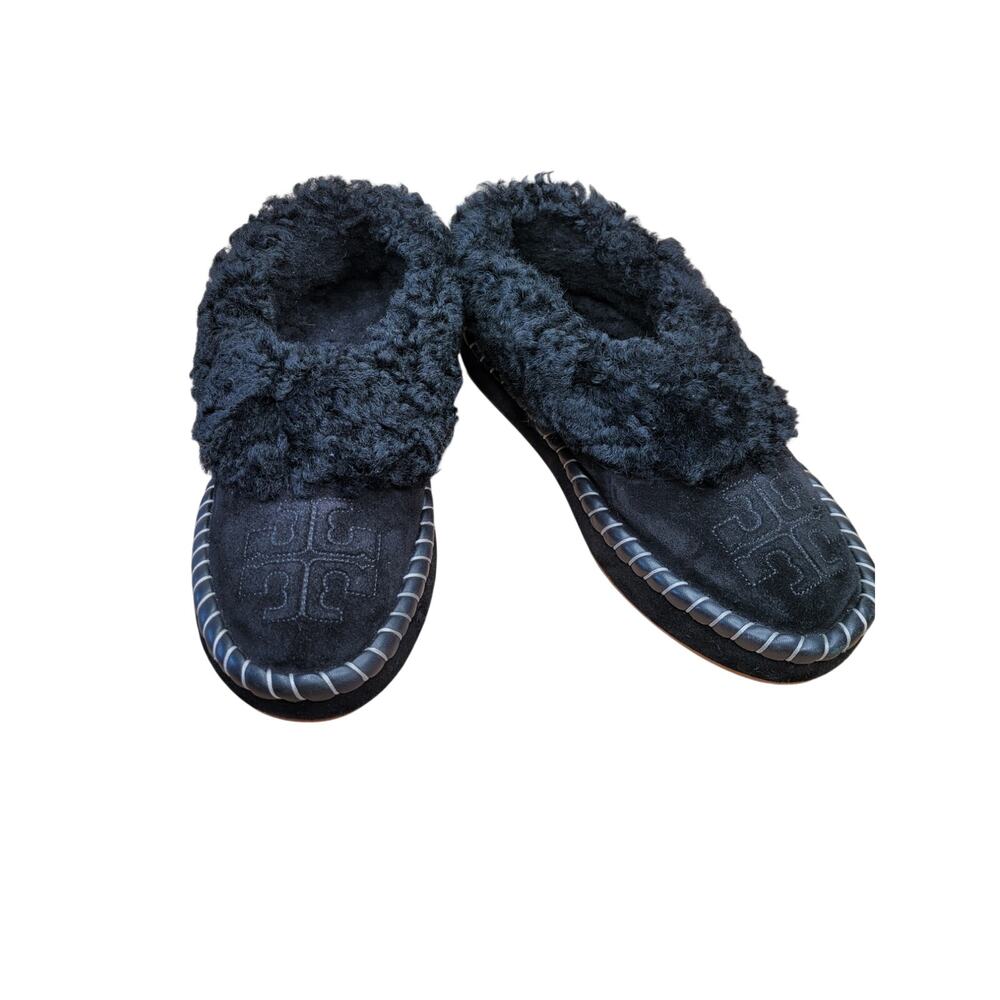 Tory Burch Women's Suede Shearling Black Slippers 8.5M